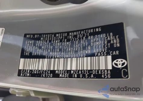 2021 Toyota Corolla Se Apex Edition z USA, uszkodzony, nr VIN 5YFS4MCE0MP091763